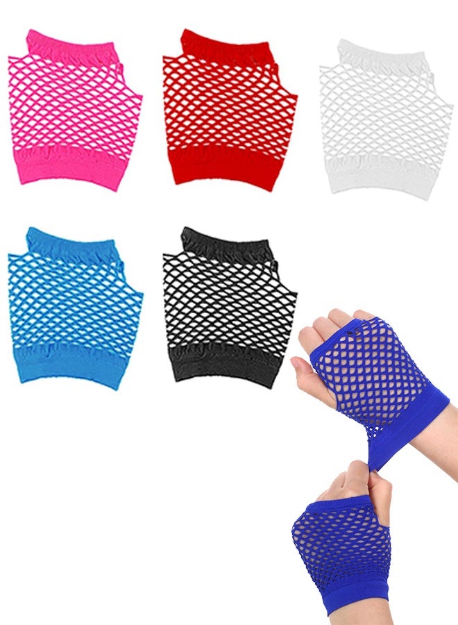 5 Pairs Women's Fishnet Fingerless Gloves, 80s 90s Neon Mesh Costume Accessories - Image 1