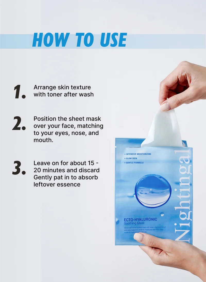 nightingale KOREAN ECTO-HYALURONIC SOOTHING MASK - 10 Pcs - Anti Aging & Wrinkle Hydrating Sheet for Men & Women with Hyaluronic Acid - Brightening Facial Mask for All Skin Types