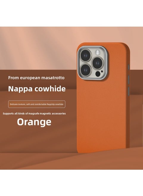 All-inclusive Fine Leather Case MagSafe Magnetic Application IPhone14pro Max Apple 15 Phone Case 13 Solid Color-Color:XYM Fine Leather Orange-Applicable Model:13promax (without Packaging)