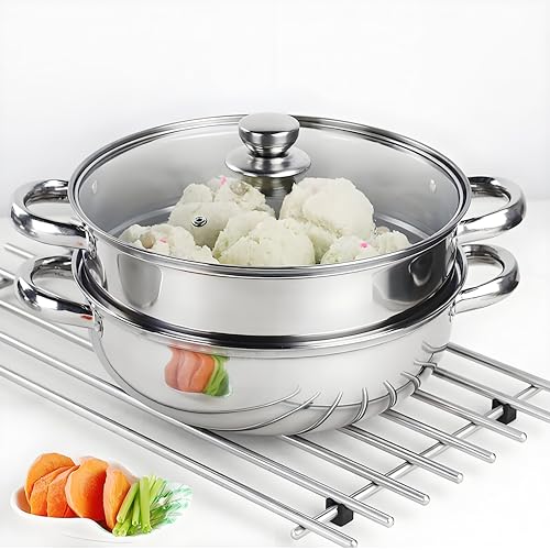 LTWQLing Steamer Pot Stainless Steel 2 Tier - 28cm Steamer Pot w/Glass Lid Food Veg Cooker Pot Cooking Pan Steaming Pot Dim Sum Cookware Steamer For Kitcken Cooking Tool - Image 1