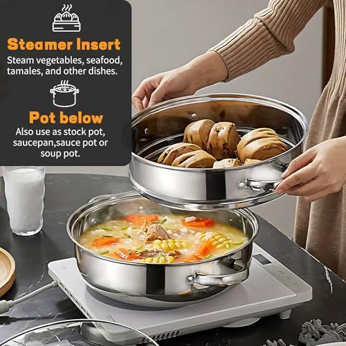 LTWQLing Steamer Pot Stainless Steel 2 Tier - 28cm Steamer Pot w/Glass Lid Food Veg Cooker Pot Cooking Pan Steaming Pot Dim Sum Cookware Steamer For Kitcken Cooking Tool - Image 2