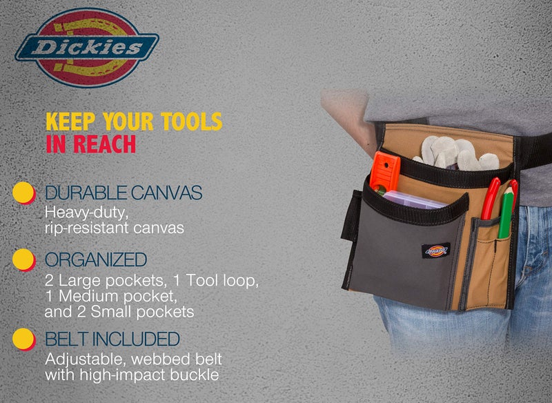 Dickies 5-Pocket Single Side Tool Belt Pouch/Work Apron for Carpenters and Builders, Durable Canvas Construction, Adjustable Belt for Custom Fit, Grey/Tan - Image 3