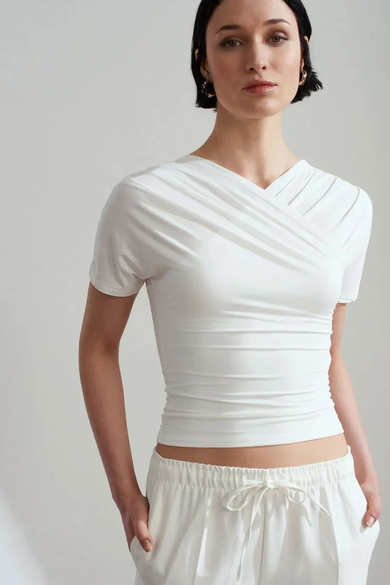 Dilvin White DILVIN Slim Fit V-Neck Jersey Blouse for Women | Best Price UAE