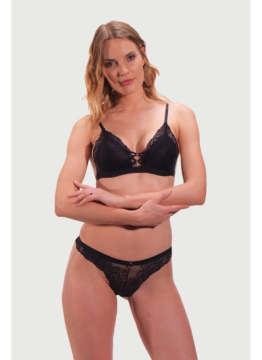 COTTONHILL Black Lace Thin Strap Covered Stone Detailed Women's Bra Set