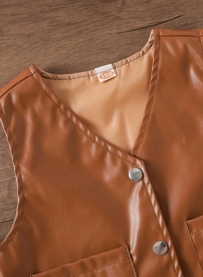 Take Two Coffee Brown Girls Brown Faux Leather Vest And Skirt Set for Women | Best Price UAE