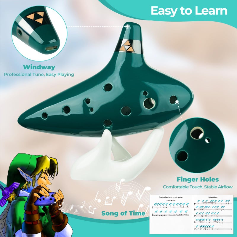 Ohuhu أوهولو زيلدا أوكارينا مع كتاب الأغاني (أغاني من أسطورة زيلدا)، 12 ثقب ألتو C زيلدا أوكارينات تعزف بواسطة لينك تري فورس هدية عيد الحب لعشاق زيلدا مع حامل عرض حقيبة واقية (أخضر) - Image 3