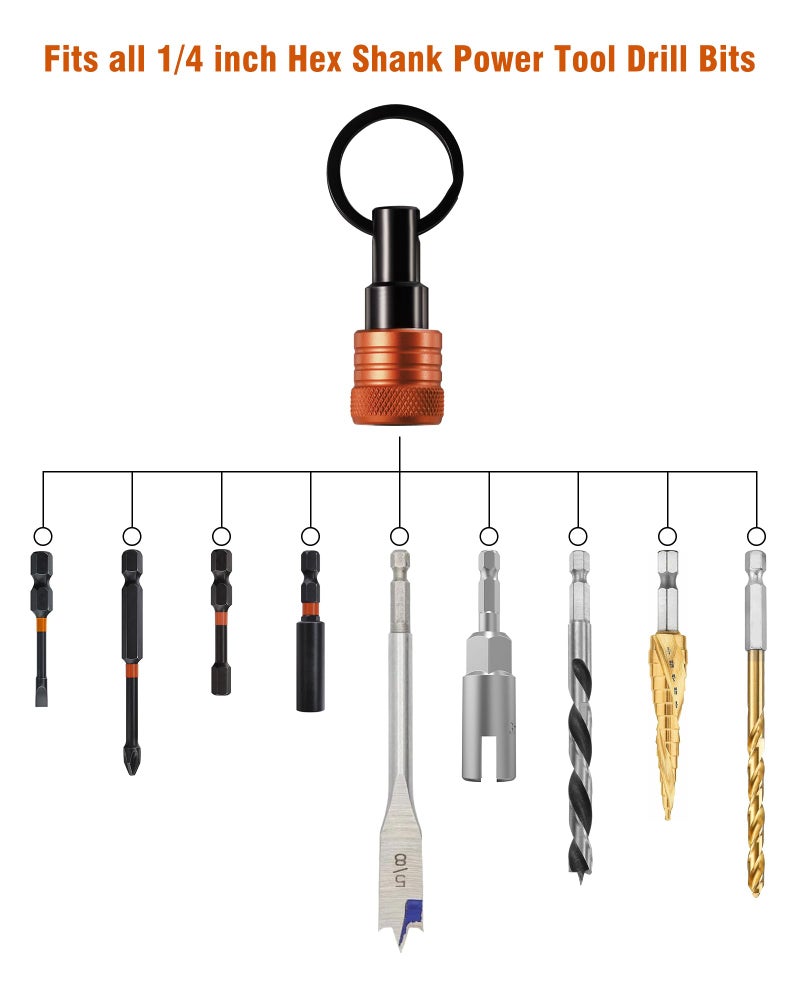 Katerk Bit Holder Key Chain 12 Pcs Set, 1/4 inch Socket Hex Shank Bit Holders Keychain for Impact Drills Nut Driver, Quick Release Screwdriver Extension Tool with Carabiner, Tools Gifts for Men (Orange) - Image 3