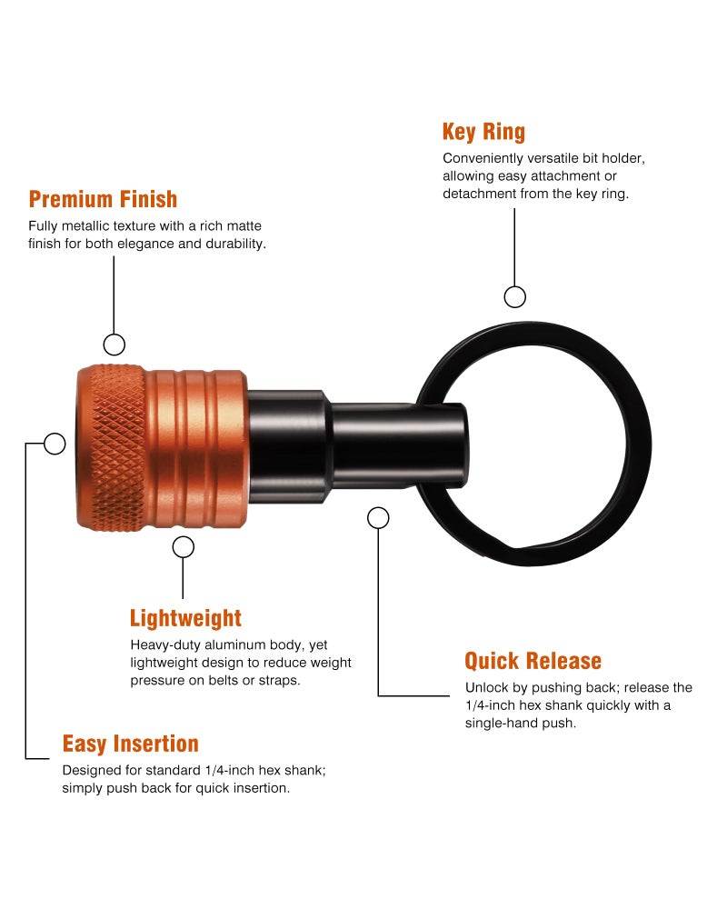 Katerk Bit Holder Key Chain 12 Pcs Set, 1/4 inch Socket Hex Shank Bit Holders Keychain for Impact Drills Nut Driver, Quick Release Screwdriver Extension Tool with Carabiner, Tools Gifts for Men (Orange) - Image 2