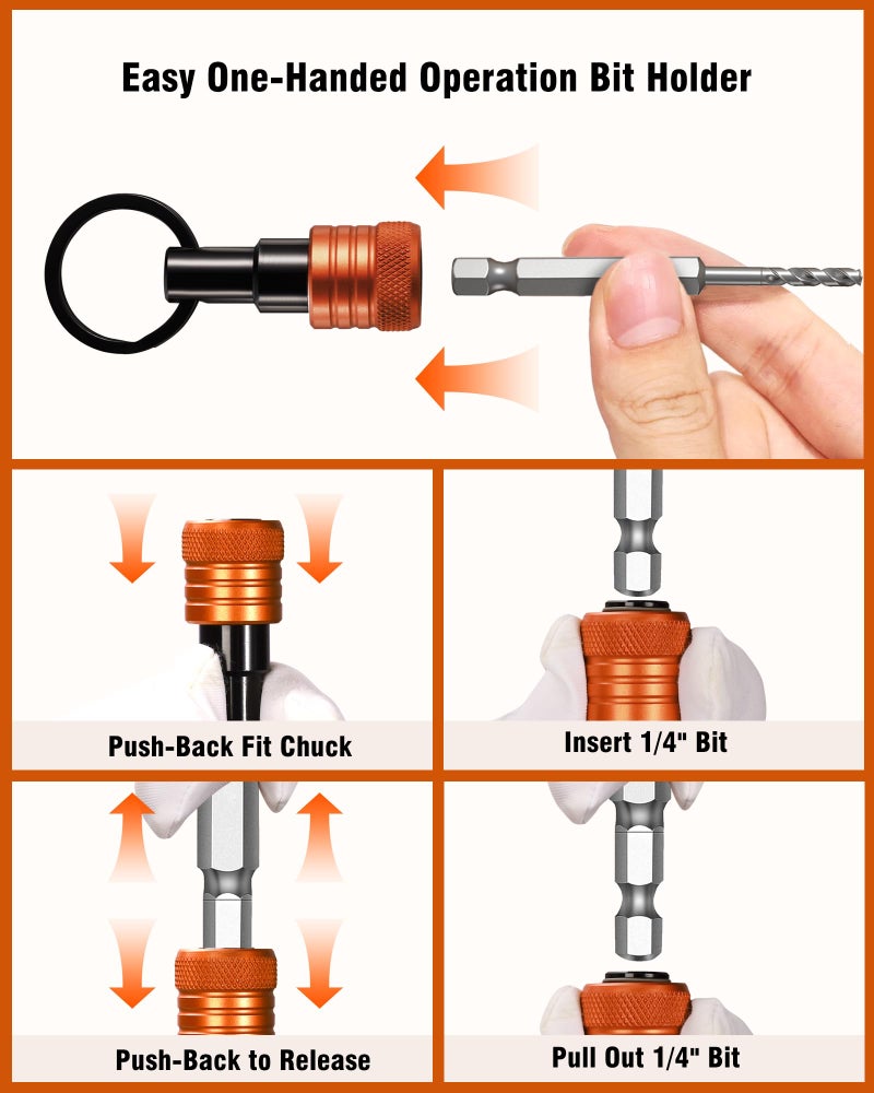 Katerk Bit Holder Key Chain 12 Pcs Set, 1/4 inch Socket Hex Shank Bit Holders Keychain for Impact Drills Nut Driver, Quick Release Screwdriver Extension Tool with Carabiner, Tools Gifts for Men (Orange) - Image 5