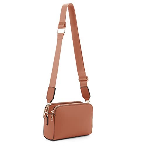 EVVE Crossbody Bags for Women Trendy Triple Zip Small Crossbody Camera Bag Purse with Wide Guitar Strap | Tan - Image 1