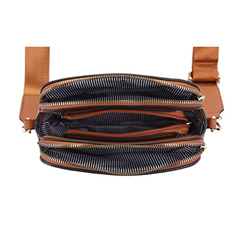 EVVE Crossbody Bags for Women Trendy Triple Zip Small Crossbody Camera Bag Purse with Wide Guitar Strap | Tan - Image 5