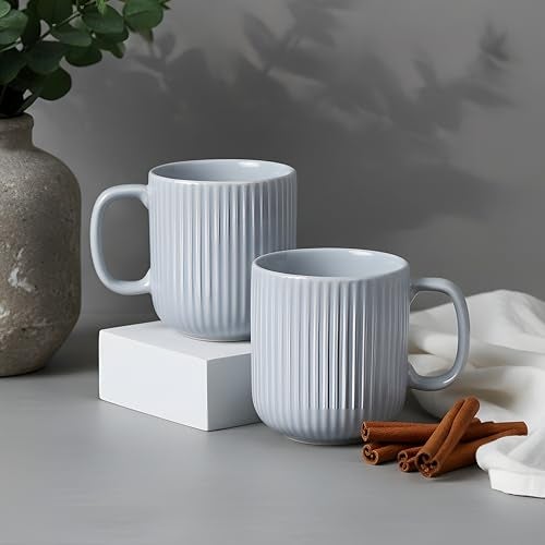 CRAF10 Linear Luxe Ceramic Coffee/Milk Mugs, 340 ML, Dishwasher & Microwave Safe, Grey, Set of 2 - Image 1