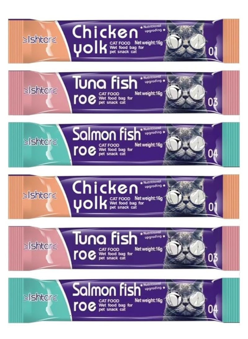 يوريفو 6 قطع من مكافآت القطط المبللة: شرائح وجبات خفيفة تفاعلية قابلة للعصر ولعق القطط بثلاث نكهات (التونة وبيض السمك، الدجاج وصفار البيض، السلمون وبيض السمك، 16 جم لكل منها) لجميع القطط (عبوة من 6 قطع، 96 جم) - Image 1
