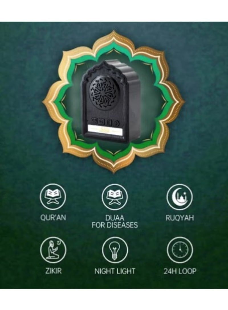 TIGER QB812 Holy Wall-Mounted Bluetooth Quran Speaker with Night Light – SQ669 Wireless Al-Quran Audio Speaker with 24-Hour Playback of Ruqyah, Zikir, Dua & Full Quran – Loop Function, Remote Control, 3-Pin Wall Plug – Islamic Wall Speaker for Home & Mosque (Black) - Image 4