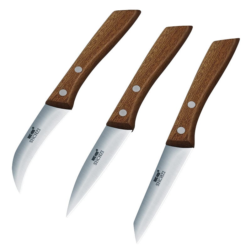HTIAM 3 Pieces Sharp Peeling Knives Vegetable Paring Knife Fruit Cutter Set Birds Beak Knife Brown