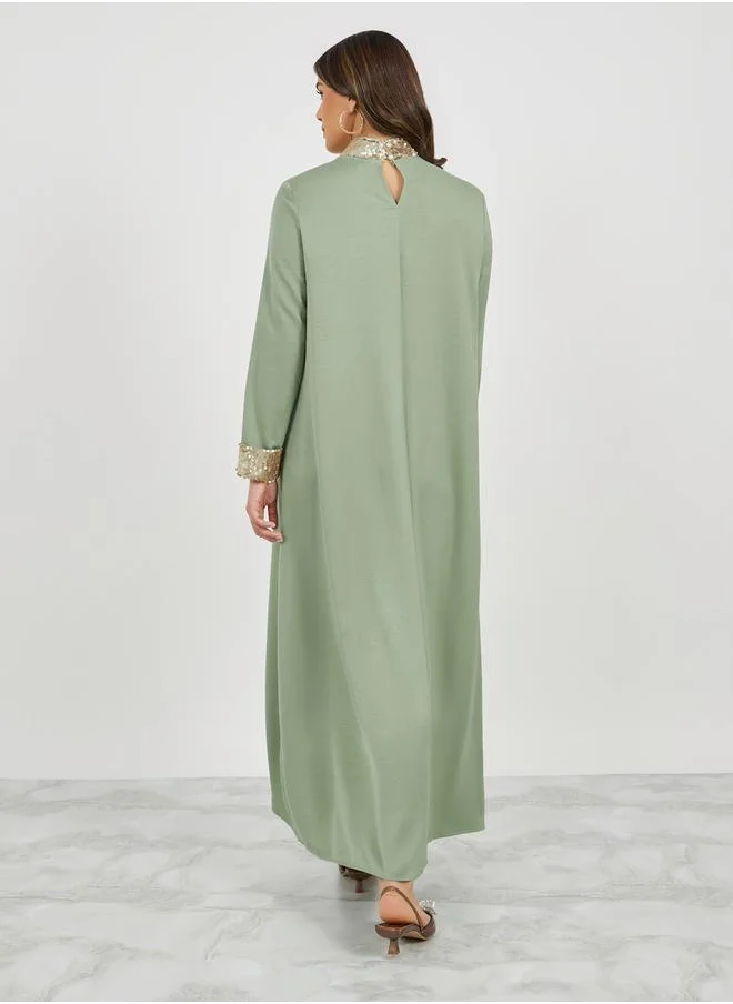 ستايلي Embellished Sequins Trims High Neck Jalabiya