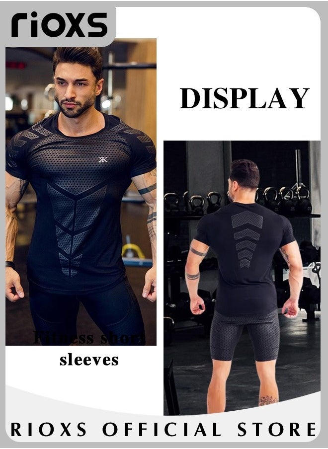 RIOXS Men's Compression Shirts, High Elastic Bodybuilding Sports Tops, Quick-drying Cycling T-Shirts with Powerful Moisture-wicking Fabrics, Round Neck Running Undershirts, Suitable for Fitness Training, Running, Cycling, Hiking and Other Outdoor Activities  - Image 3