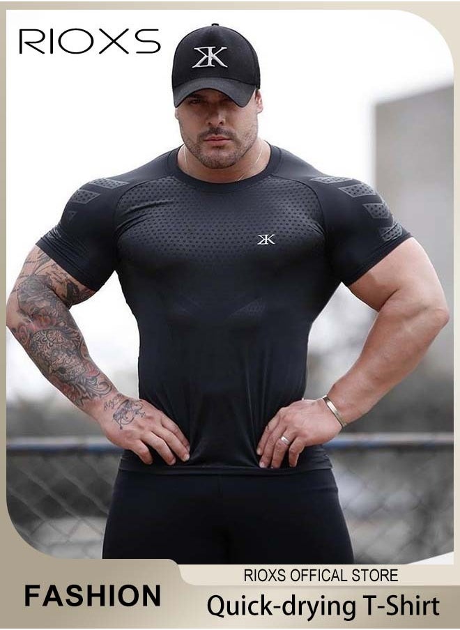 RIOXS Men's Compression Shirts, High Elastic Bodybuilding Sports Tops, Quick-drying Cycling T-Shirts with Powerful Moisture-wicking Fabrics, Round Neck Running Undershirts, Suitable for Fitness Training, Running, Cycling, Hiking and Other Outdoor Activities  - Image 1