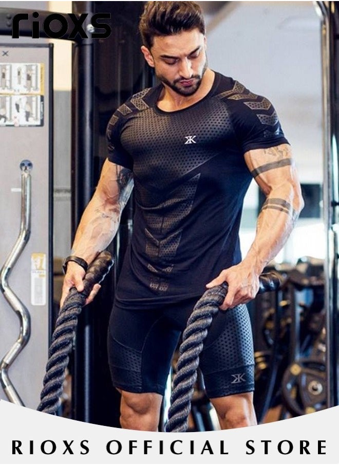 RIOXS Men's Compression Shirts, High Elastic Bodybuilding Sports Tops, Quick-drying Cycling T-Shirts with Powerful Moisture-wicking Fabrics, Round Neck Running Undershirts, Suitable for Fitness Training, Running, Cycling, Hiking and Other Outdoor Activities  - Image 5