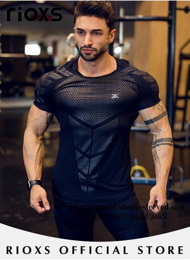 RIOXS Men's Compression Shirts, High Elastic Bodybuilding Sports Tops, Quick-drying Cycling T-Shirts with Powerful Moisture-wicking Fabrics, Round Neck Running Undershirts, Suitable for Fitness Training, Running, Cycling, Hiking and Other Outdoor Activities  - Image 2
