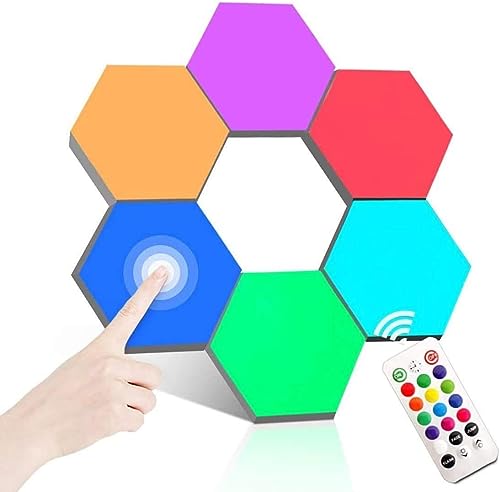 ODISTAR Remote Control Hexagon Wall Light,Smart Wall-Mounted Touch-Sensitive DIY Geometric Modular Assembled RGB led Colorful Light with USB-Power,Used in Bedroom (6-Pack) - Image 1