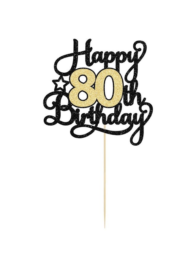 Ephlyn قطعة واحدة من قمة كعكة عيد الميلاد الثمانين السعيدة باللون الأسود والذهبي اللامع، تهانينا لثمانين عامًا، تزيين كعكة عيد الميلاد الثمانين لمستلزمات حفلة الذكرى الثمانين السعيدة - Image 3