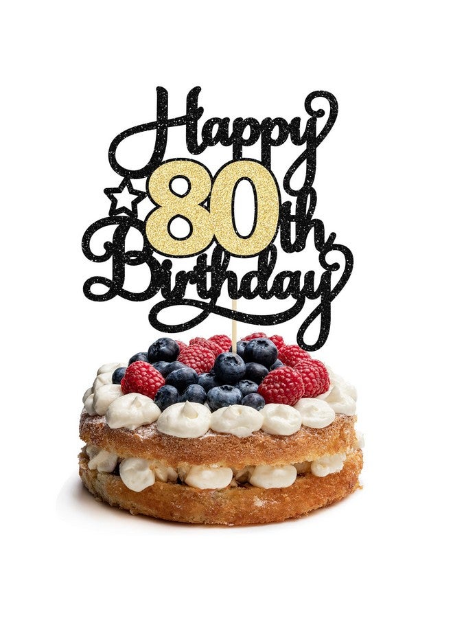 Ephlyn قطعة واحدة من قمة كعكة عيد الميلاد الثمانين السعيدة باللون الأسود والذهبي اللامع، تهانينا لثمانين عامًا، تزيين كعكة عيد الميلاد الثمانين لمستلزمات حفلة الذكرى الثمانين السعيدة - Image 1
