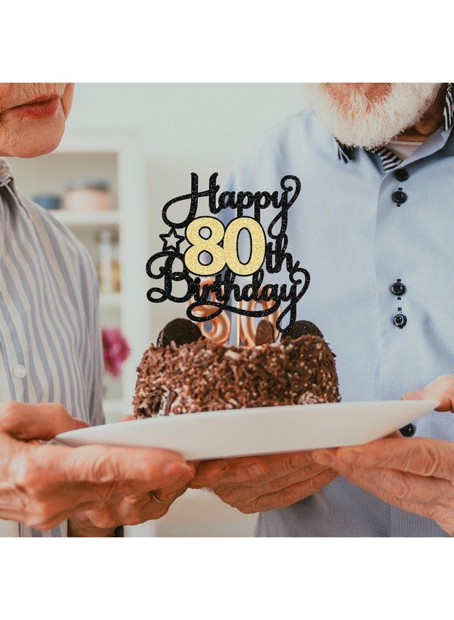 Ephlyn قطعة واحدة من قمة كعكة عيد الميلاد الثمانين السعيدة باللون الأسود والذهبي اللامع، تهانينا لثمانين عامًا، تزيين كعكة عيد الميلاد الثمانين لمستلزمات حفلة الذكرى الثمانين السعيدة - Image 5