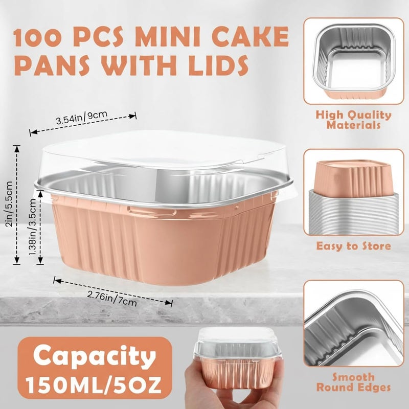 Skylety 100 Pcs 5 oz Mini Square Baking Pan with Lid Aluminum Foil Cupcake Pan Brownie Baking Cup Disposable Ramekins Individual Tin Dessert Containers for Kitchen(Champagne) - Image 2
