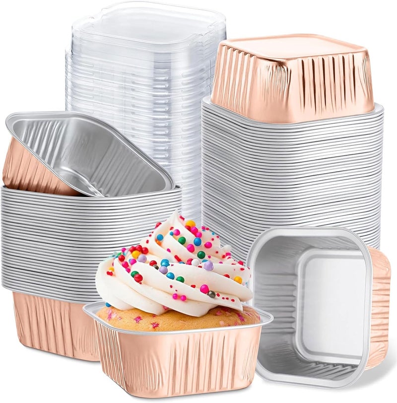 Skylety 100 Pcs 5 oz Mini Square Baking Pan with Lid Aluminum Foil Cupcake Pan Brownie Baking Cup Disposable Ramekins Individual Tin Dessert Containers for Kitchen(Champagne) - Image 1