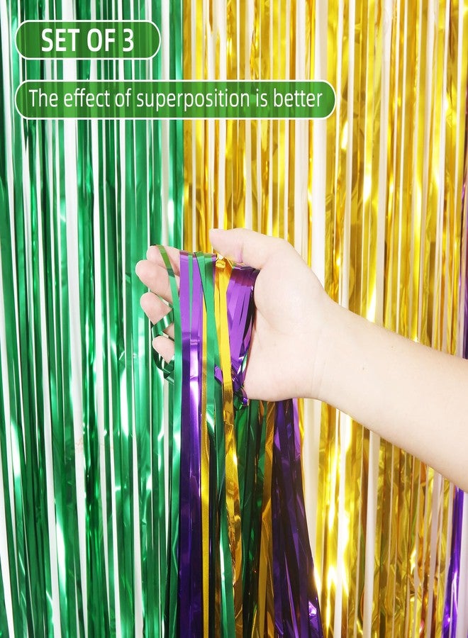 Ohiyoo 3 Pack Mardi Gras Foil Fringe Curtains 3.2ft x 8.2ft Green Purple Gold Fringe Curtain Backdrop Mardi Gras Party Decorations Photo Booth Prop Streamer for Oktoberfest Birthday Party Decoration - Image 2