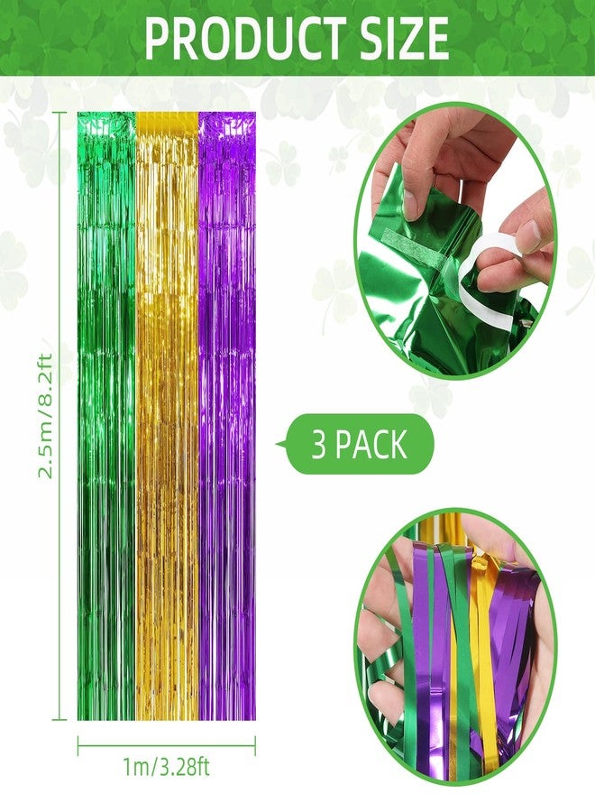Ohiyoo 3 Pack Mardi Gras Foil Fringe Curtains 3.2ft x 8.2ft Green Purple Gold Fringe Curtain Backdrop Mardi Gras Party Decorations Photo Booth Prop Streamer for Oktoberfest Birthday Party Decoration - Image 3