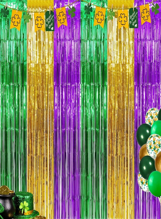 Ohiyoo 3 Pack Mardi Gras Foil Fringe Curtains 3.2ft x 8.2ft Green Purple Gold Fringe Curtain Backdrop Mardi Gras Party Decorations Photo Booth Prop Streamer for Oktoberfest Birthday Party Decoration - Image 1
