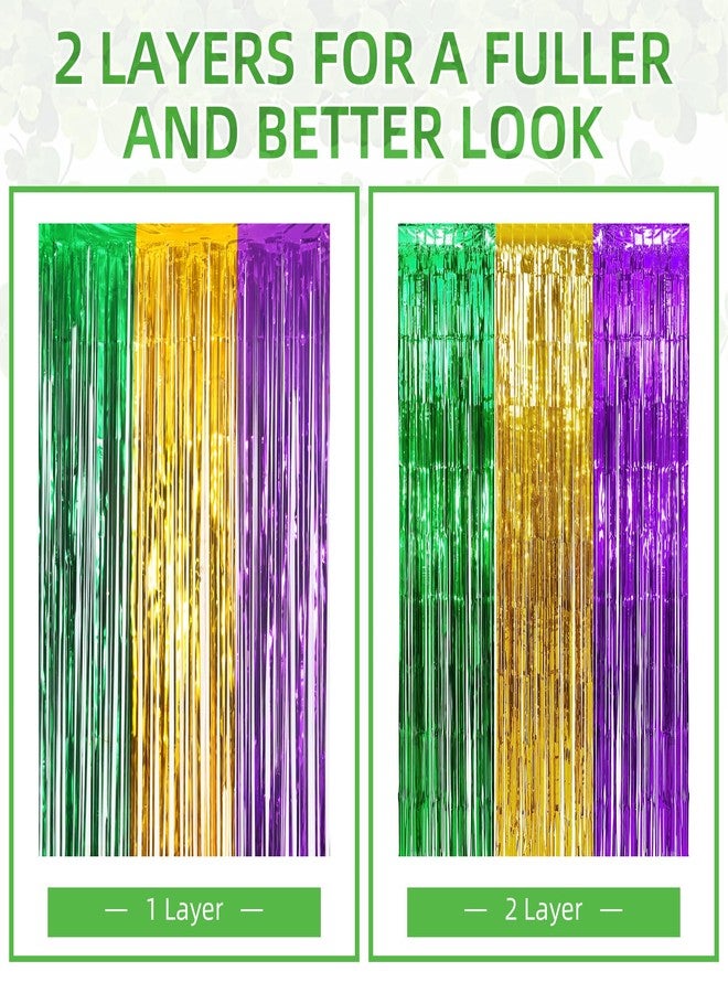 Ohiyoo 3 Pack Mardi Gras Foil Fringe Curtains 3.2ft x 8.2ft Green Purple Gold Fringe Curtain Backdrop Mardi Gras Party Decorations Photo Booth Prop Streamer for Oktoberfest Birthday Party Decoration - Image 4