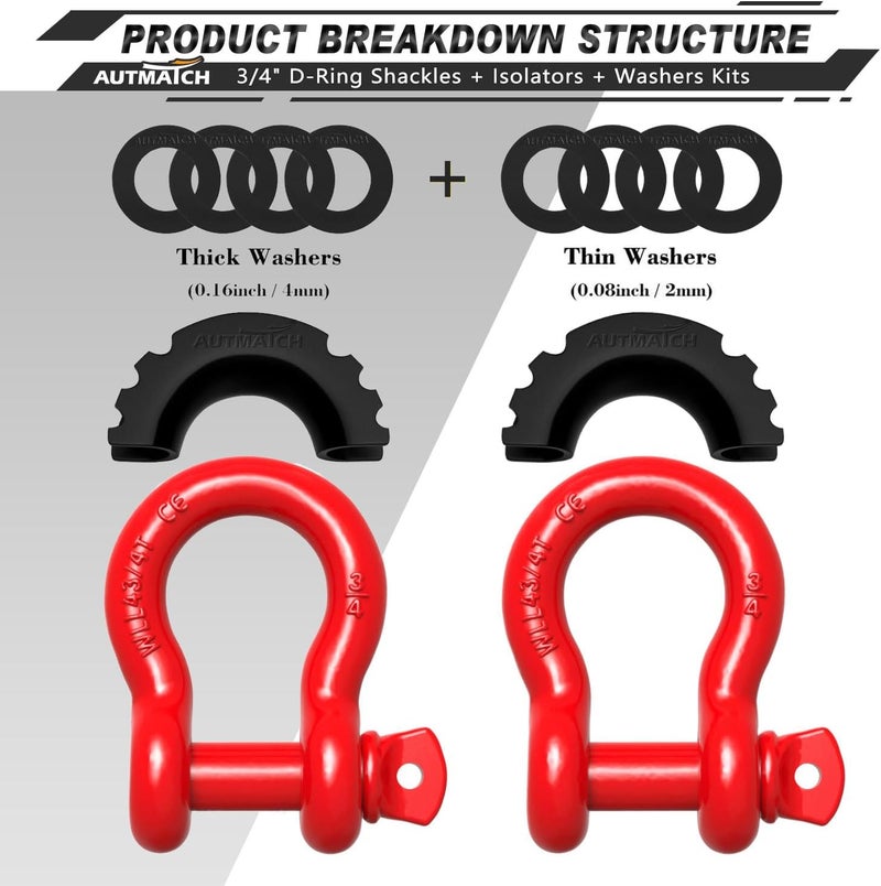 AUTMATCH D Ring Shackle 3/4" Shackles (2 Pack) 41,887Ibs Break Strength with 7/8" Screw Pin and Shackle Isolator Washers Kit for Tow Strap Winch Off Road Vehicle Recovery Red - Image 2