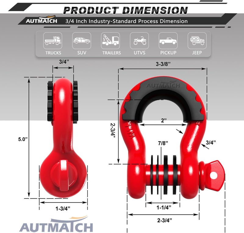 AUTMATCH D Ring Shackle 3/4" Shackles (2 Pack) 41,887Ibs Break Strength with 7/8" Screw Pin and Shackle Isolator Washers Kit for Tow Strap Winch Off Road Vehicle Recovery Red - Image 3