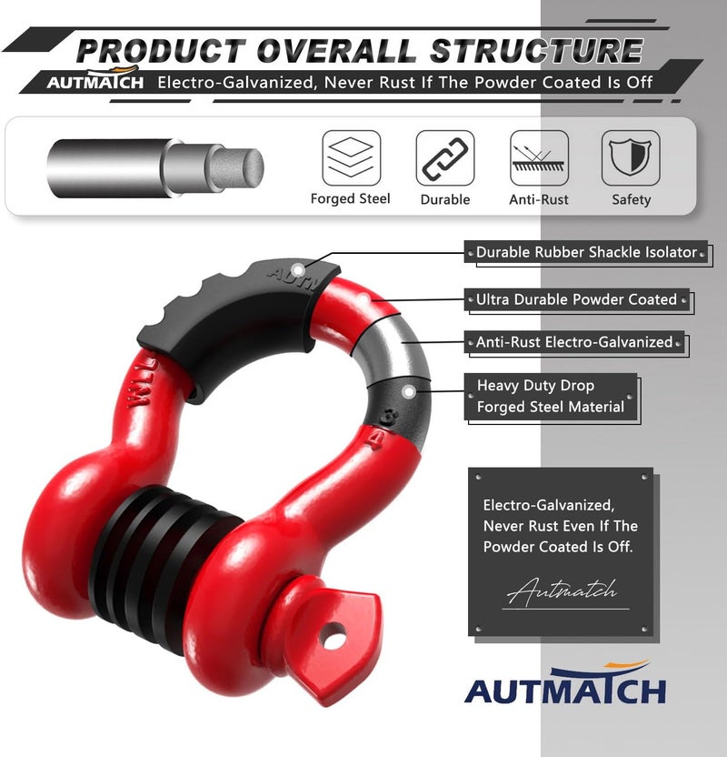 AUTMATCH D Ring Shackle 3/4" Shackles (2 Pack) 41,887Ibs Break Strength with 7/8" Screw Pin and Shackle Isolator Washers Kit for Tow Strap Winch Off Road Vehicle Recovery Red - Image 4
