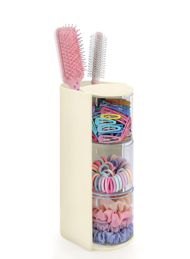 neotidy Hair Accessories Organizer with Hair Brush Holder, Rotating Hair Tie Product Organizer for Girls, 3-Tier Makeup Brush Holder for Clips, Bows & Brushes (Beige, 3-Tier) - Image 1