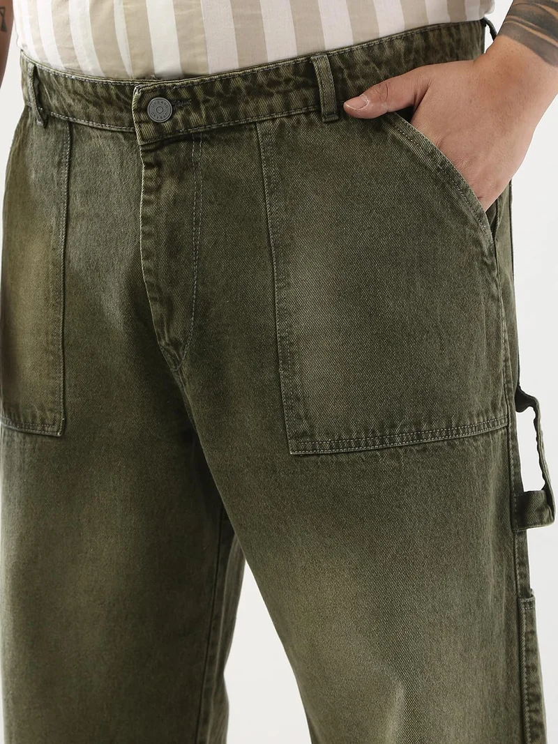 Urbano Fashion  Urbano Plus Men's Olive Loose Fit Cargo Carpenter Jeans with 6 Pockets Non-Stretchable  | Best Price UAE