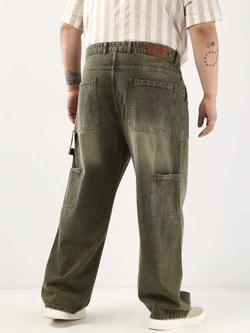 Urbano Fashion  Urbano Plus Men's Olive Loose Fit Cargo Carpenter Jeans with 6 Pockets Non-Stretchable  | Best Price UAE