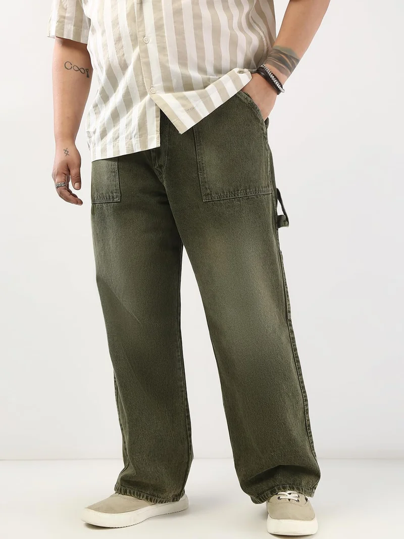 Urbano Plus Men's Olive Loose Fit Cargo Carpenter Jeans with 6 Pockets Non-Stretchable