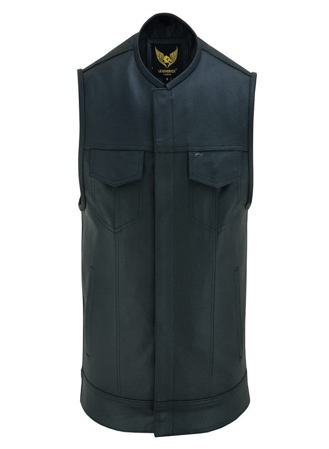 Leatherick Mens SOA Style Black & Brown Distress Leather Biker Motorcycle Vest with Concealed Carry Pockets (M, Black (Collarless)) - Image 2
