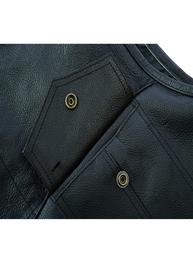 Leatherick Mens SOA Style Black & Brown Distress Leather Biker Motorcycle Vest with Concealed Carry Pockets (M, Black (Collarless)) - Image 5