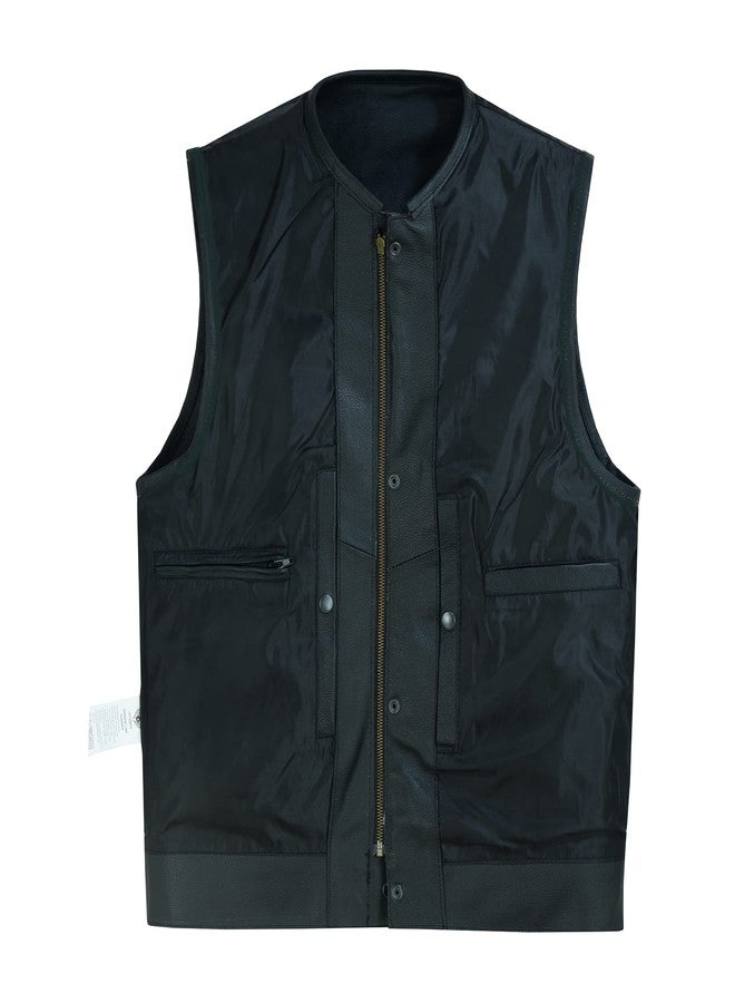 Leatherick Mens SOA Style Black & Brown Distress Leather Biker Motorcycle Vest with Concealed Carry Pockets (M, Black (Collarless)) - Image 4