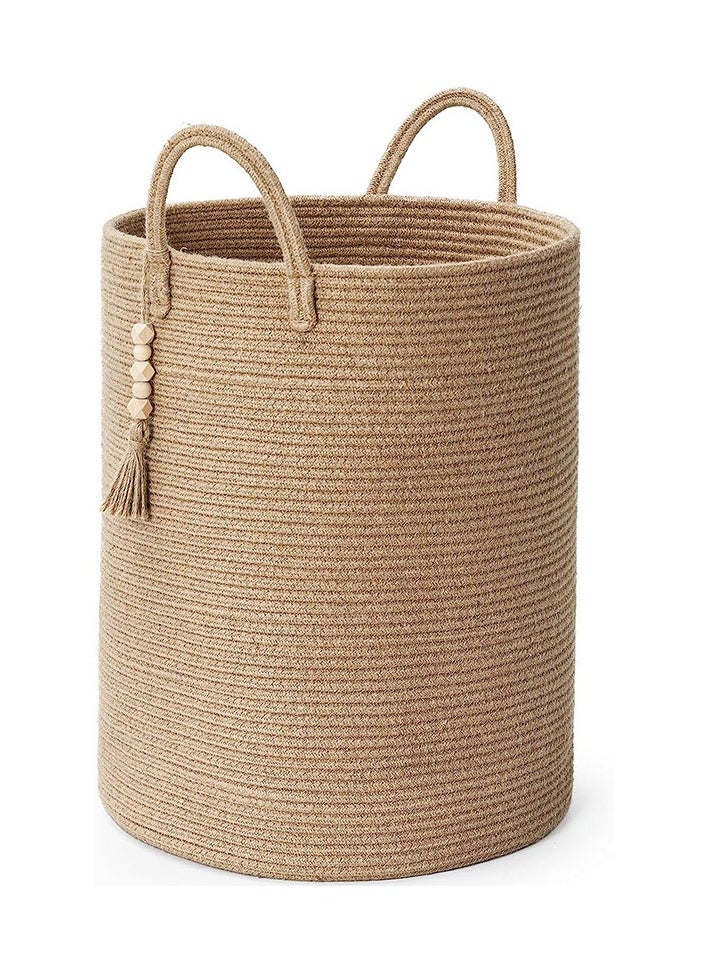 Jorunb - Woven Laundry Basket, 58L Woven Rope Storage Basket with Handles for Clothes Blanket Storage, Large Tall Laundry Hamper for Blankets, Dirty Clothes, Toys and Shoes (Khaki) - Image 1