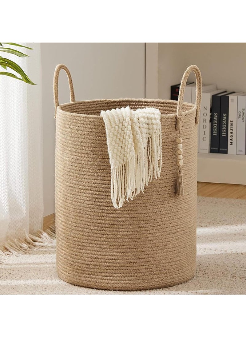 Jorunb - Woven Laundry Basket, 58L Woven Rope Storage Basket with Handles for Clothes Blanket Storage, Large Tall Laundry Hamper for Blankets, Dirty Clothes, Toys and Shoes (Khaki) - Image 1