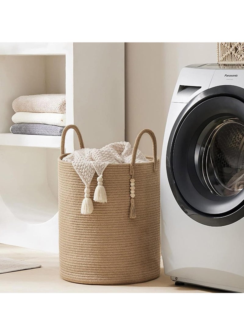 Jorunb - Woven Laundry Basket, 58L Woven Rope Storage Basket with Handles for Clothes Blanket Storage, Large Tall Laundry Hamper for Blankets, Dirty Clothes, Toys and Shoes (Khaki) - Image 1