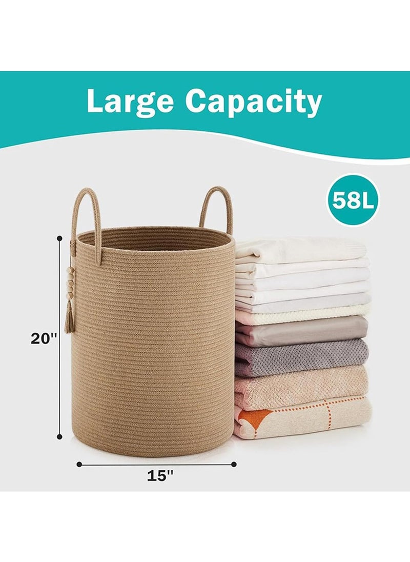 Jorunb - Woven Laundry Basket, 58L Woven Rope Storage Basket with Handles for Clothes Blanket Storage, Large Tall Laundry Hamper for Blankets, Dirty Clothes, Toys and Shoes (Khaki) - Image 1