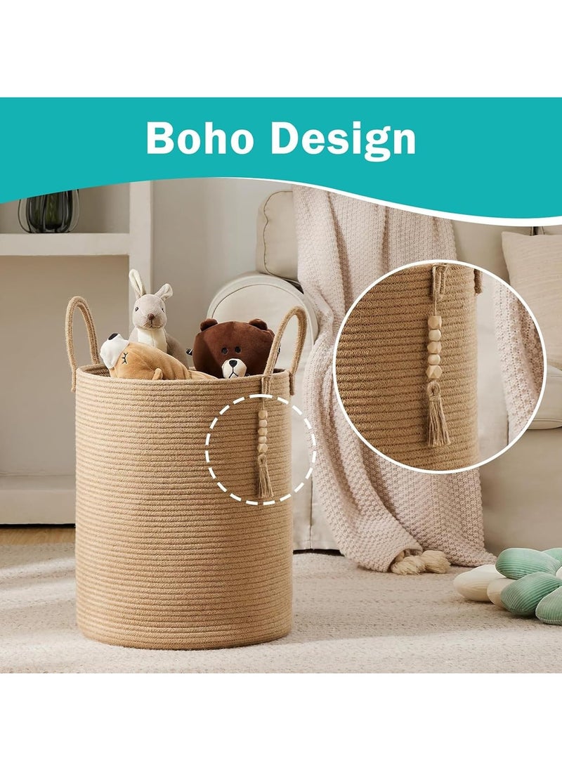 Jorunb - Woven Laundry Basket, 58L Woven Rope Storage Basket with Handles for Clothes Blanket Storage, Large Tall Laundry Hamper for Blankets, Dirty Clothes, Toys and Shoes (Khaki) - Image 1