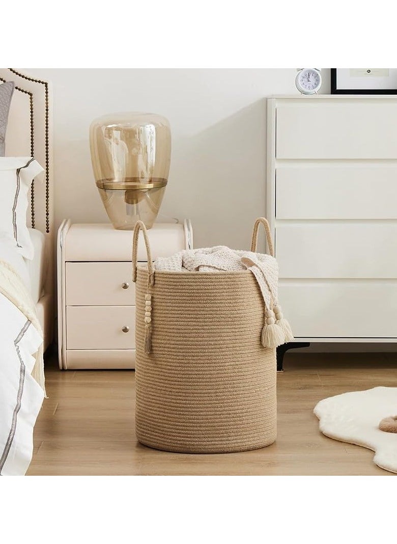Jorunb - Woven Laundry Basket, 58L Woven Rope Storage Basket with Handles for Clothes Blanket Storage, Large Tall Laundry Hamper for Blankets, Dirty Clothes, Toys and Shoes (Khaki) - Image 1